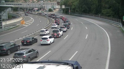 Webcam à la frontière entre la Suisse et l'Italie. Vue orientée vers le poste de contrôle des voitures depuis l'A2 en Suisse à Chiasso vers Como